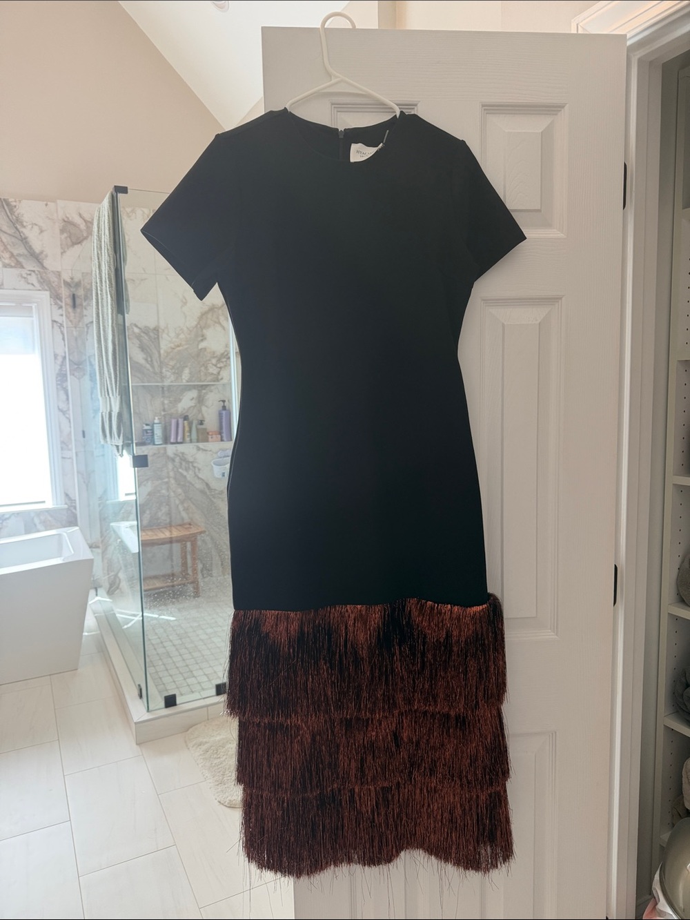Black Midi Dress with Copper Fringe Hem